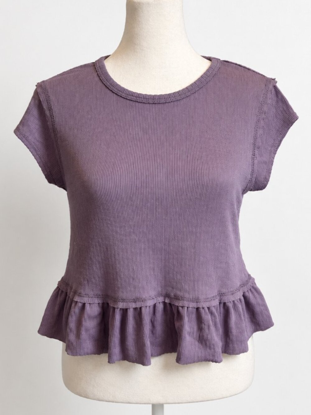 Altar’d State Purple Ribbed Peplum Ruffle Hem Top Size Small